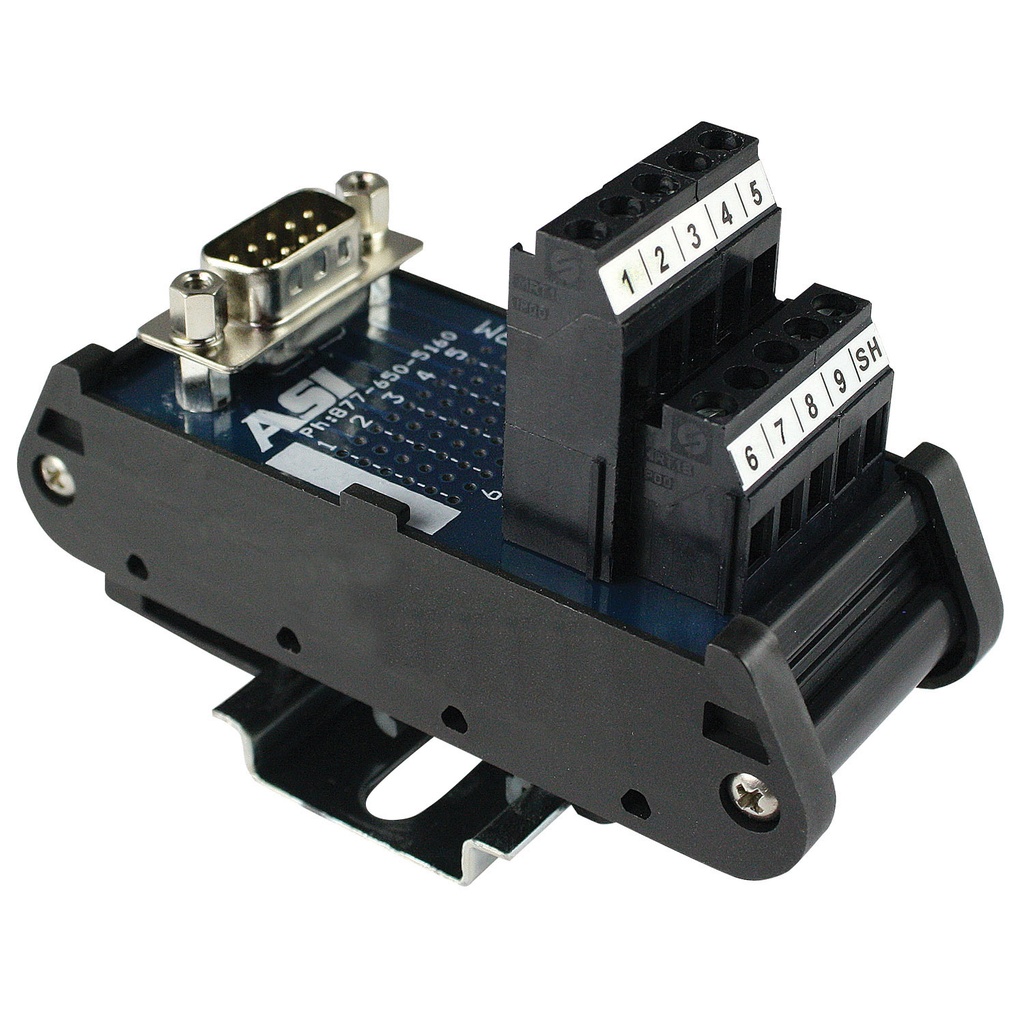 ASI 11000 | 9-Pin Male D-Sub to Screw Terminal Block | DIN Rail Mount Adapter | RS232 Breakout Board | Industrial Interface Module