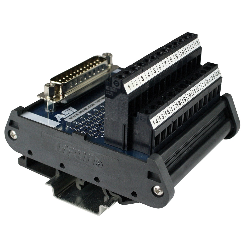 25 PIN Male Breakout Board, 25 Pin Male D-Sub Connector to Screw Terminal Block Interface Module, DIN Rail Mount