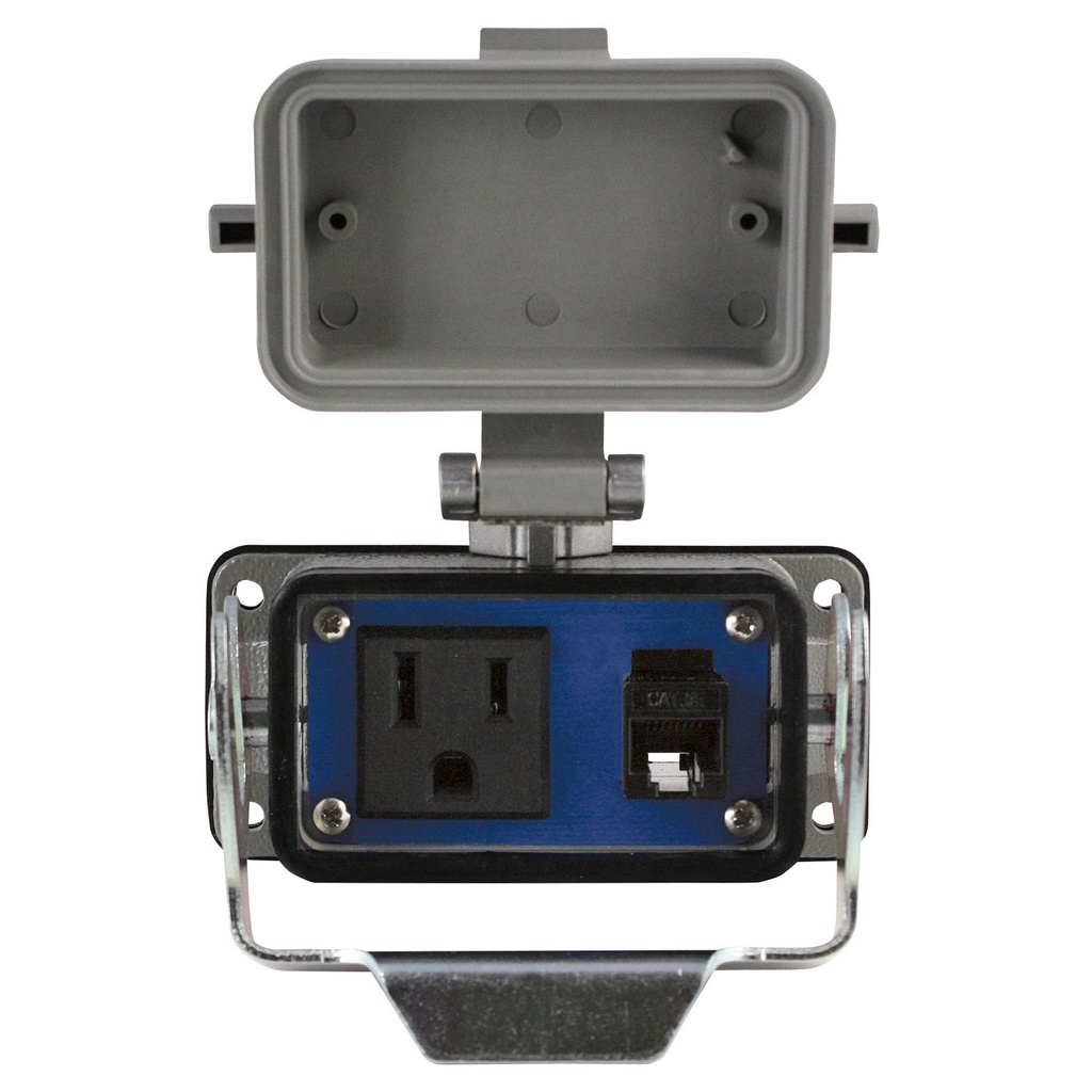 Waterproof Panel Interface Connector With an RJ45 Connector And a 120V Single AC Receptacle