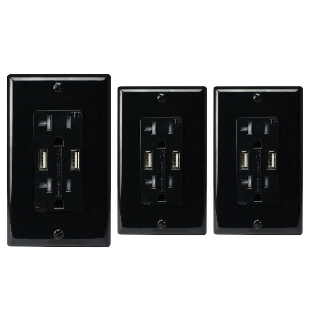 20A Duplex Wall Outlet with 2 USB 3.4A Charging Ports, Black, Includes Wall Plate, (3-Pack)