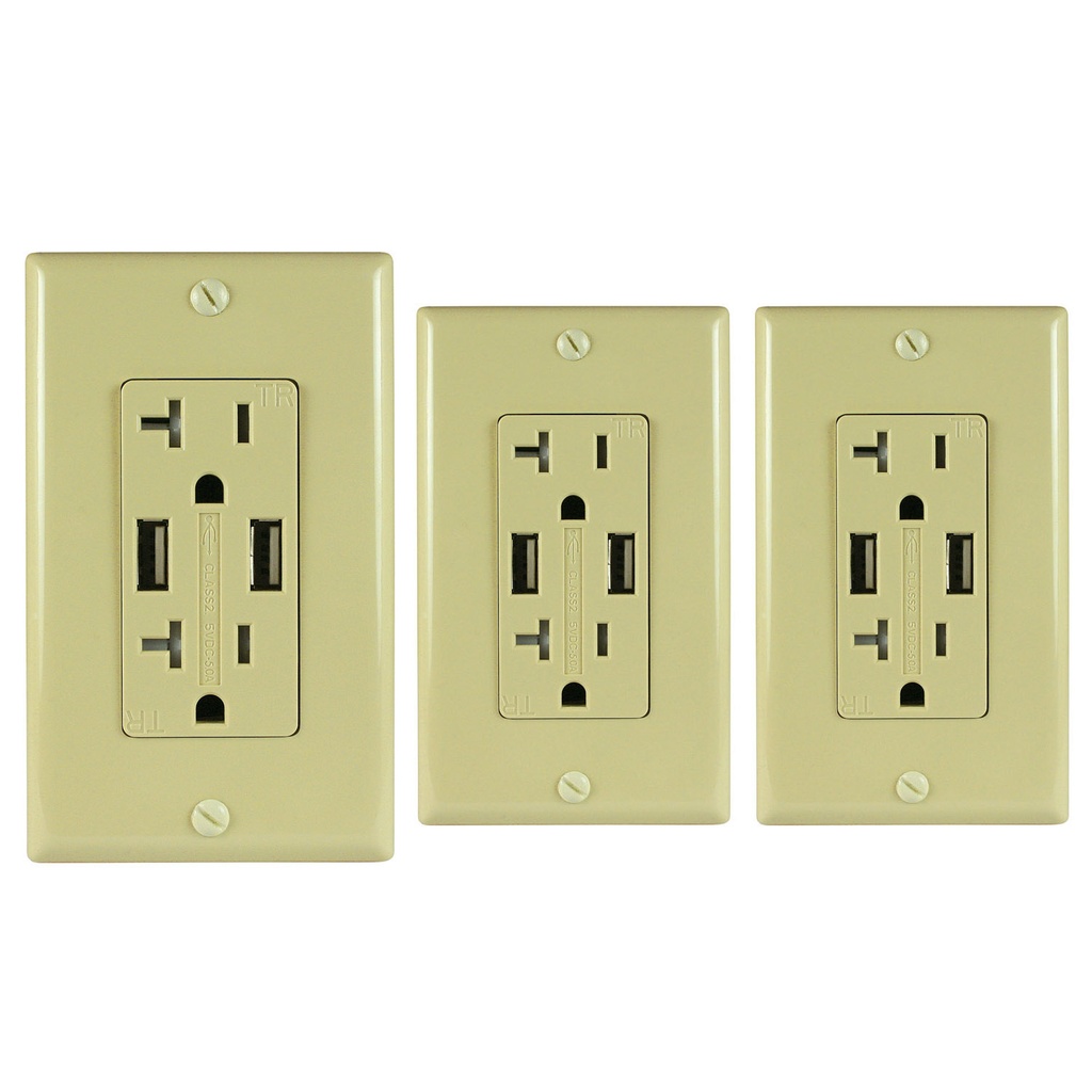 20A Duplex Wall Outlet with 2 USB 3.4A Charging Ports, Ivory, Includes Wall Plate, (3-Pack)