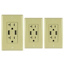 20A Duplex Wall Outlet with 2 USB 3.4A Charging Ports, Ivory, Includes Wall Plate, (3-Pack)