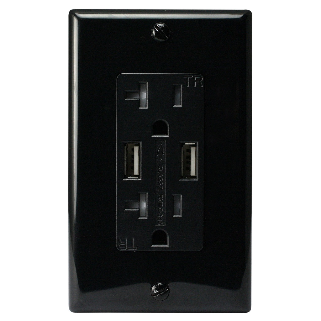 20A Duplex Wall Outlet with 2 USB 3.4A Charging Ports, Black, Includes Wall Plate