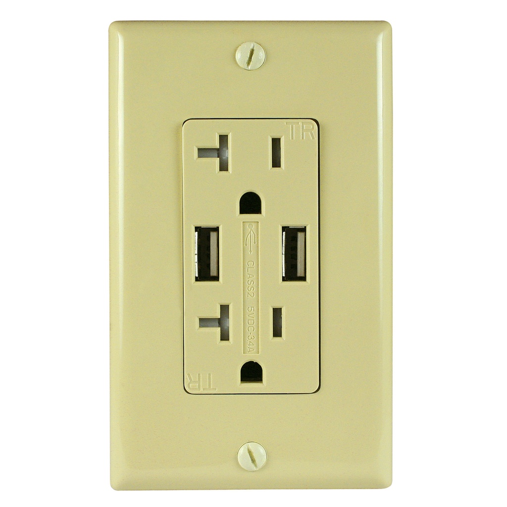 20A Duplex Wall Outlet with 2 USB 3.4A Charging Ports, Ivory, Includes Wall Plate