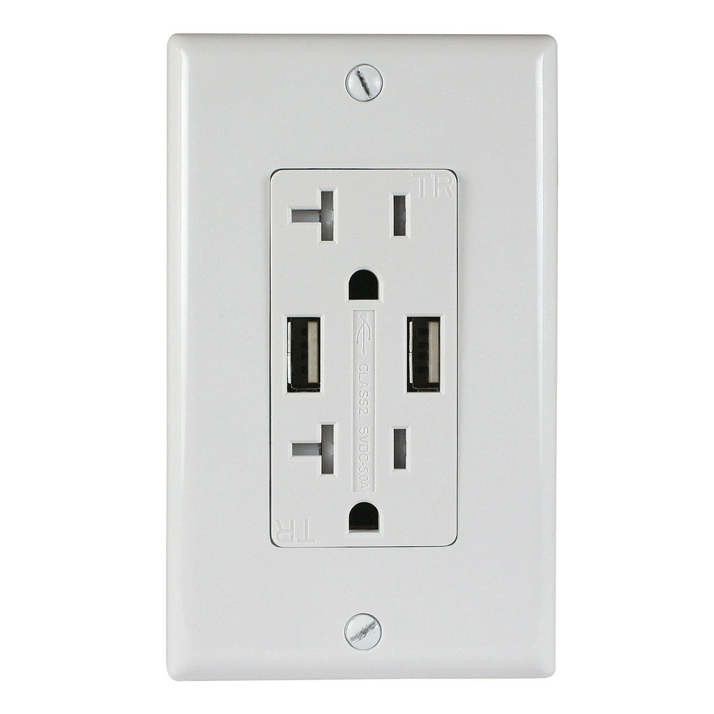 20A Duplex Wall Outlet with 2 USB 3.4A Charging Ports, White, Includes Wall Plate