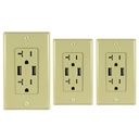 20A Duplex Wall Outlet with 2 USB 5A Charging Ports, Ivory, Includes Wall Plate, (3-Pack)