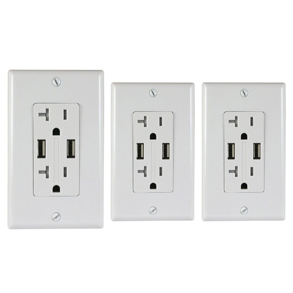 20A Duplex Wall Outlet with 2 USB 5A Charging Ports, White, Includes Wall Plate, (3-Pack)