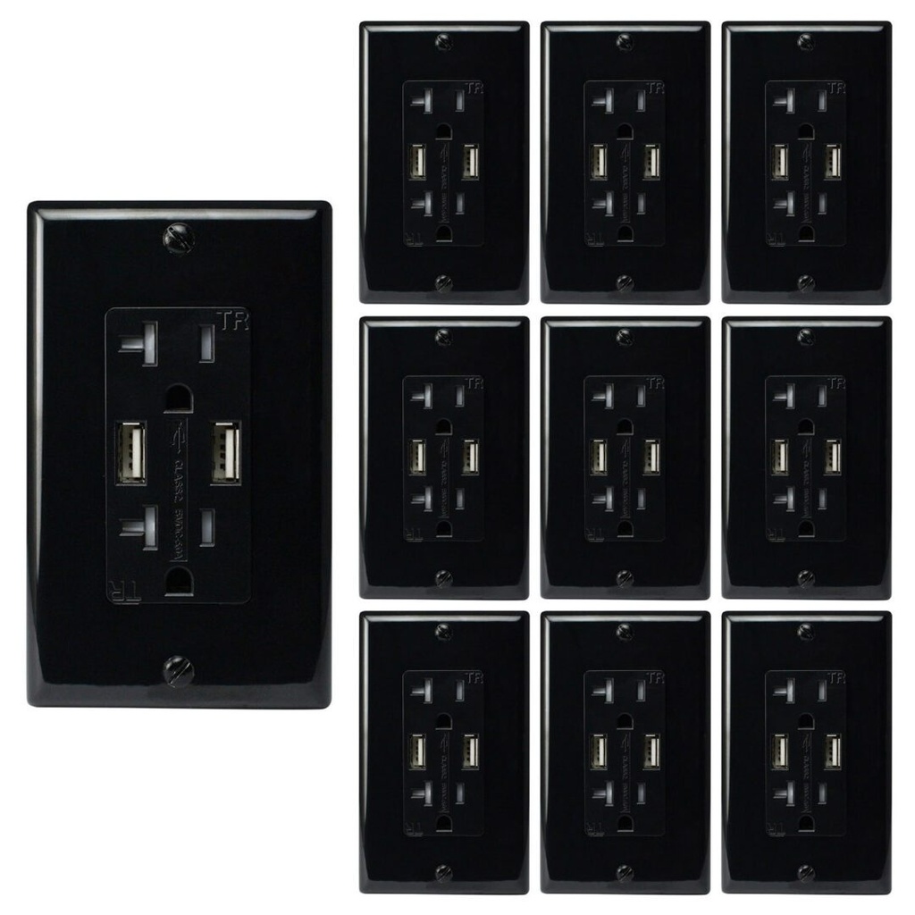 20A Duplex Wall Outlet with 2 USB 5A Charging Ports, Black, Includes Wall Plate, (10-Pack)