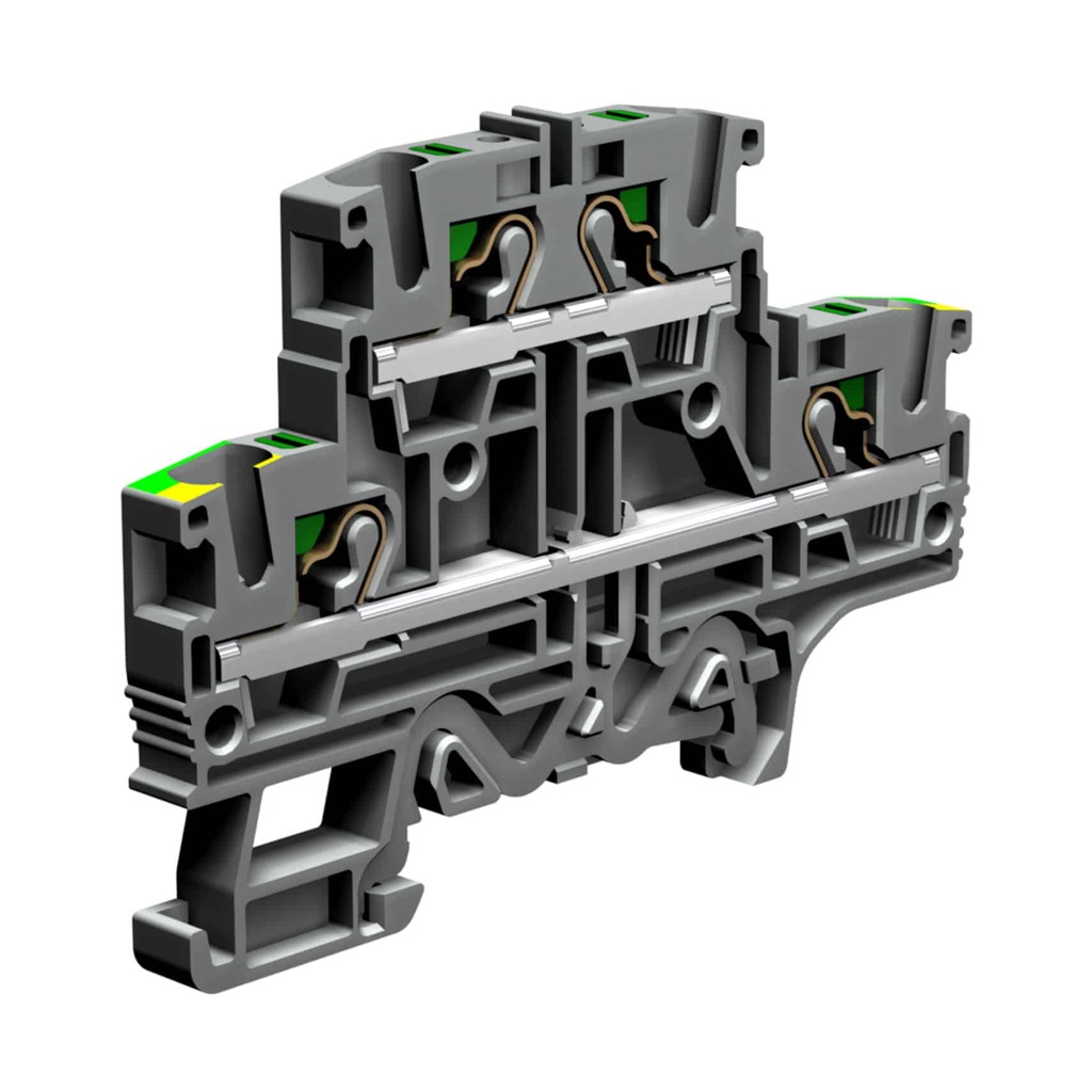 2 Level Push In Terminal Block, Ground And Feed Through, DIN Rail Mount, UL 24-10 AWG, 30A, 600V, 