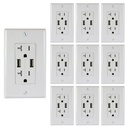 20A Duplex Wall Outlet with 2 USB 5A Charging Ports, White, Includes Wall Plate, (10-Pack)