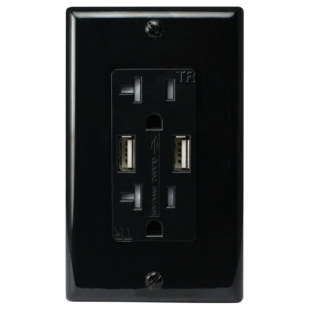 20A Duplex Wall Outlet with 2 USB 5A Charging Ports, Black, Includes Wall Plate