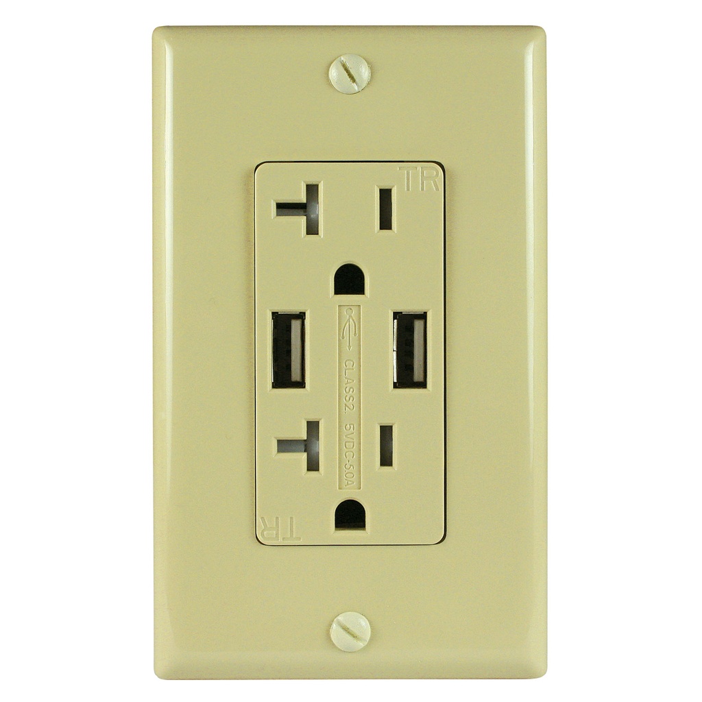 20A Duplex Wall Outlet with 2 USB 5A Charging Ports, Ivory, Includes Wall Plate