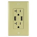 20A Duplex Wall Outlet with 2 USB 5A Charging Ports, Ivory, Includes Wall Plate