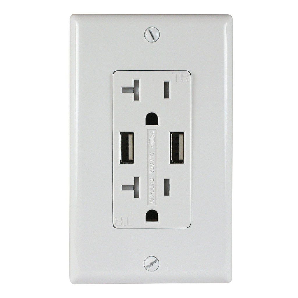 20A Duplex Wall Outlet with 2 USB 5A Charging Ports, White, Includes Wall Plate