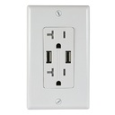 20A Duplex Wall Outlet with 2 USB 5A Charging Ports, White, Includes Wall Plate