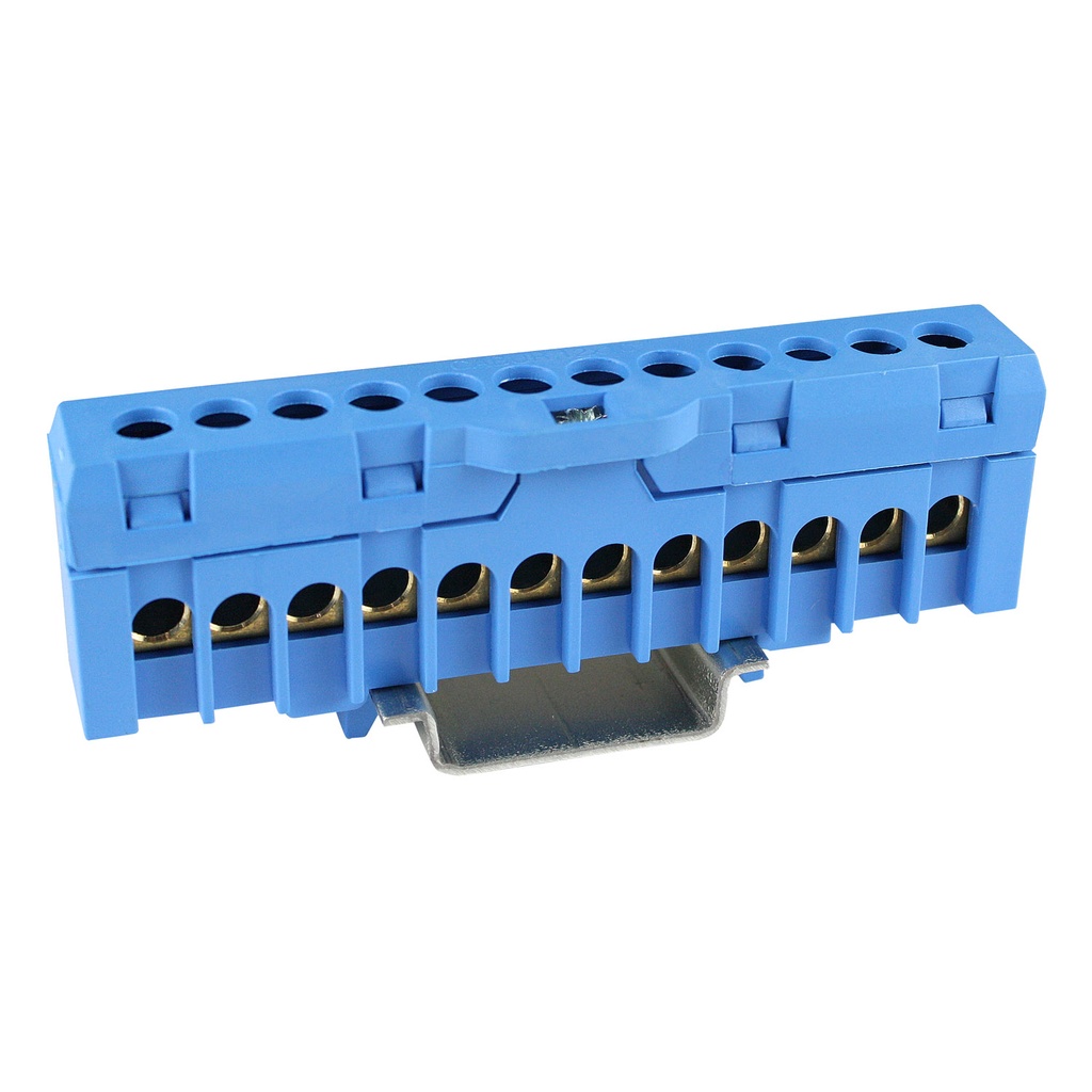 Neutral Wire Bus Bar Terminal Strip, 8 AWG, 12 Connections, DIN Rail Mounted, Blue