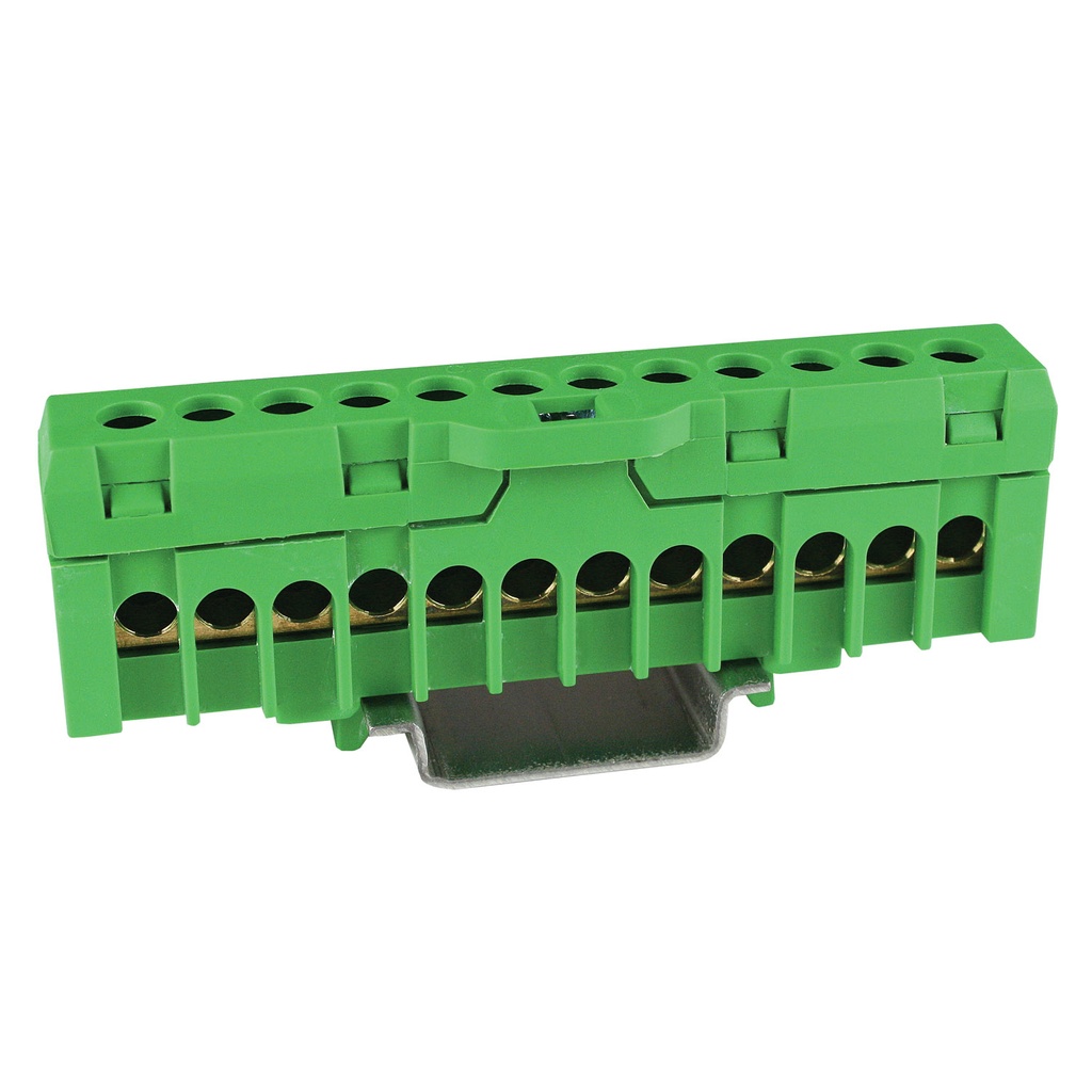 Ground Distribution Bus Bar Terminal Strip, 8 AWG, 12 Connections, DIN Rail Mounted, Green