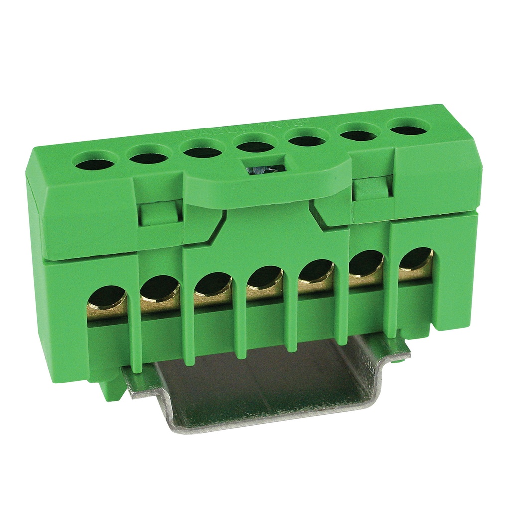 Ground Distribution Bus Bar Terminal Strip, 8 AWG, 7 Connections, DIN Rail Mounted, Green