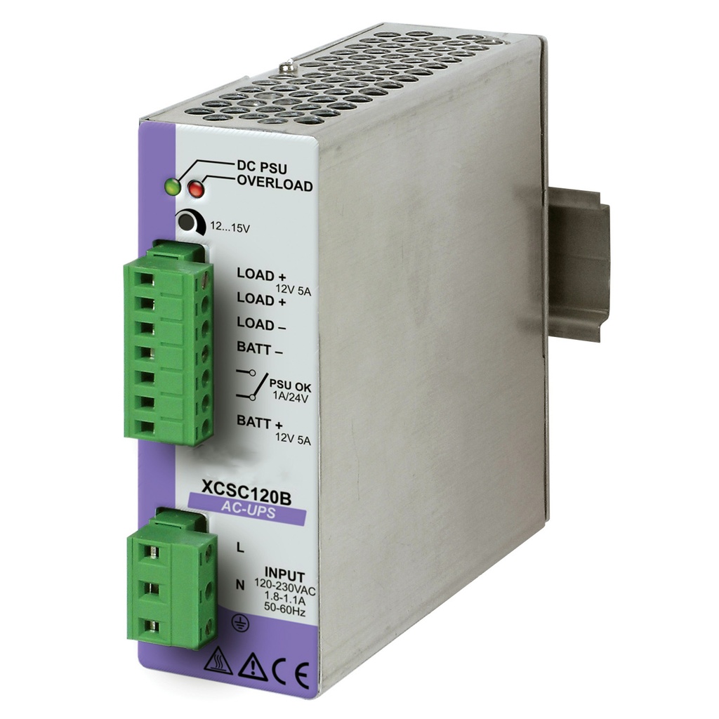 DIN Rail AC UPS, 12V DC Power Supply With Integrated Battery Charger, 120V AC Input, 12V DC Output, 5A,