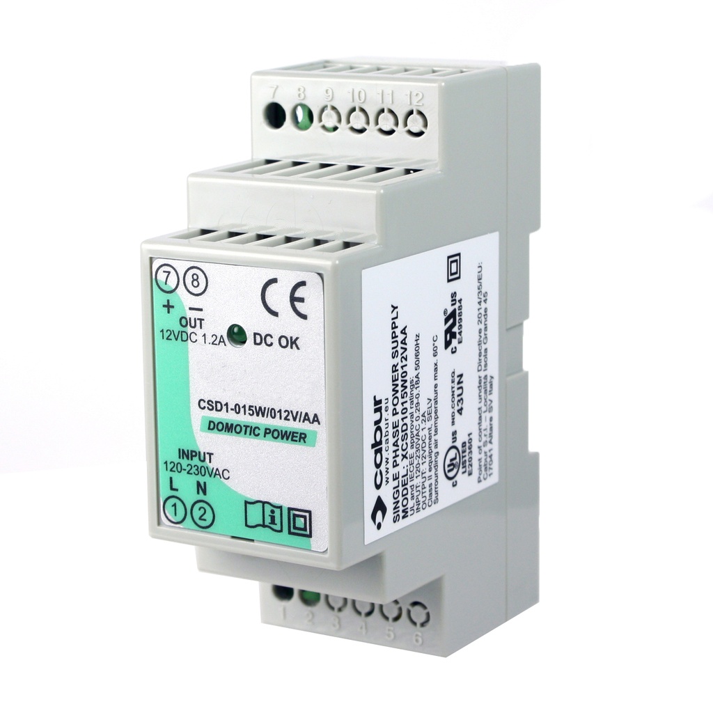 12V DC, 15W DIN Rail Power Supply, Compact, Low Profile, 120Vac Input, 12Vdc, 1.2A Output