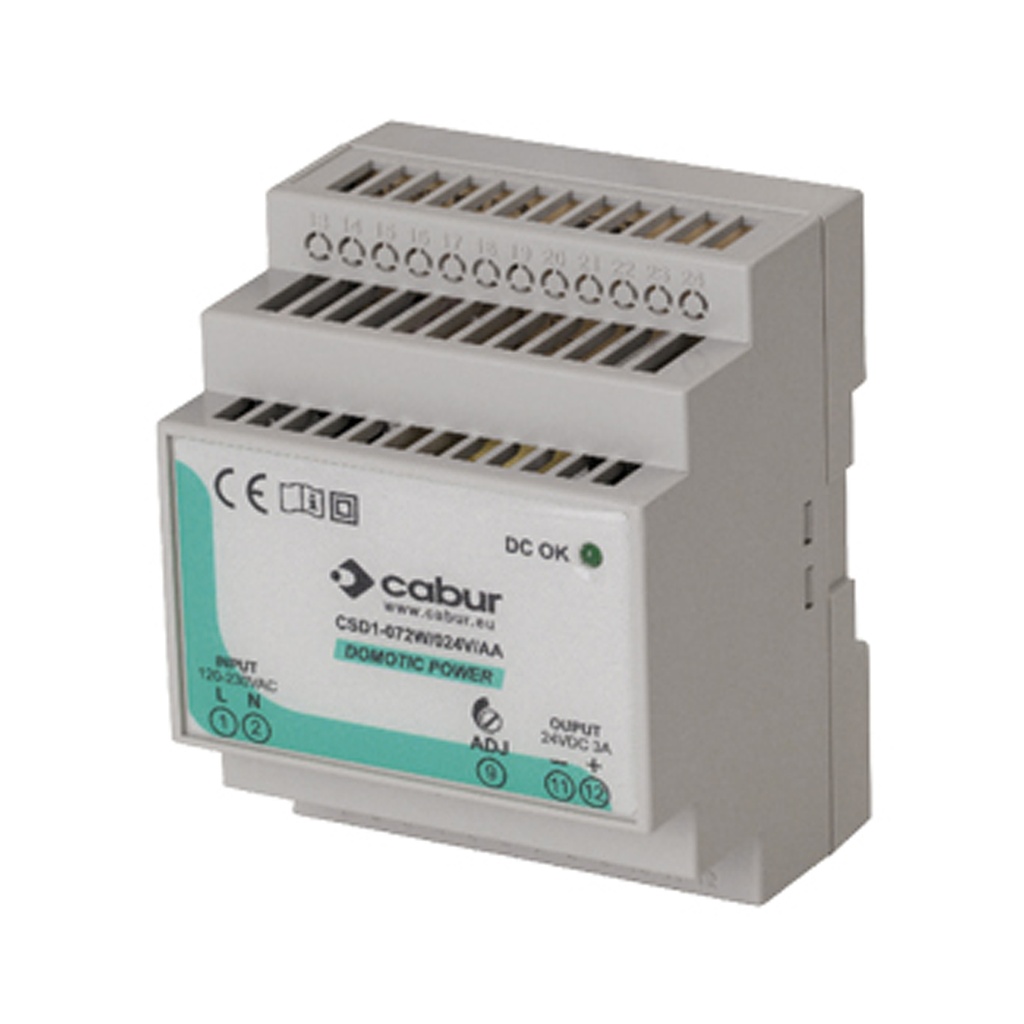 24V DC, 72W DIN Rail Power Supply, Low Profile, Compact, 120Vac Input, 24V DC, 3A Output