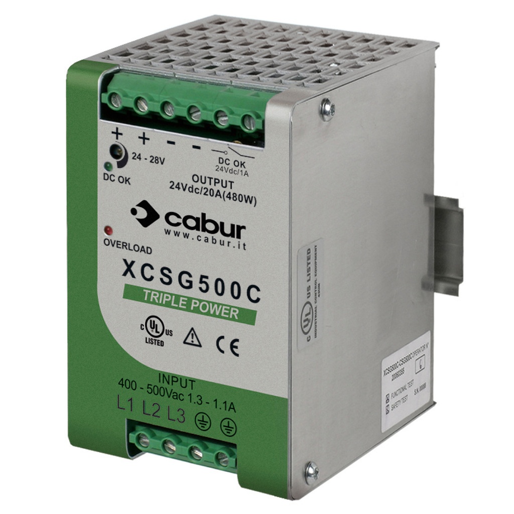 24V DIN Rail Power Supply, 24 Vdc, 20A Output, 3 phase 340-550Vac Input, 