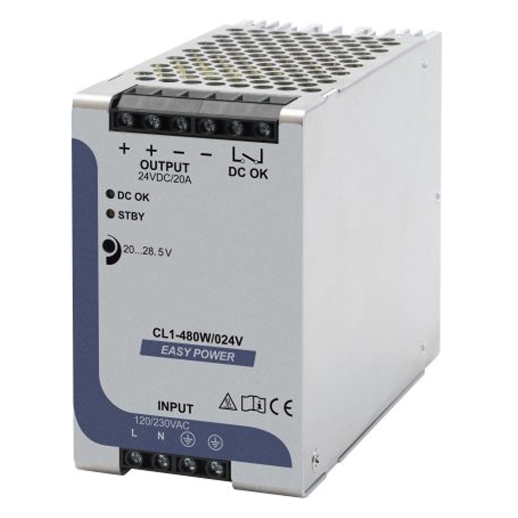 24V Economy DIN Rail Power Supply, 24V DC, 20 Amp Output, 480W, 120V AC Input