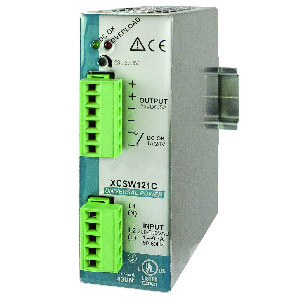 24V DIN Rail Power Supply, Split Phase, Input 240V AC, Output 24V DC, 5A