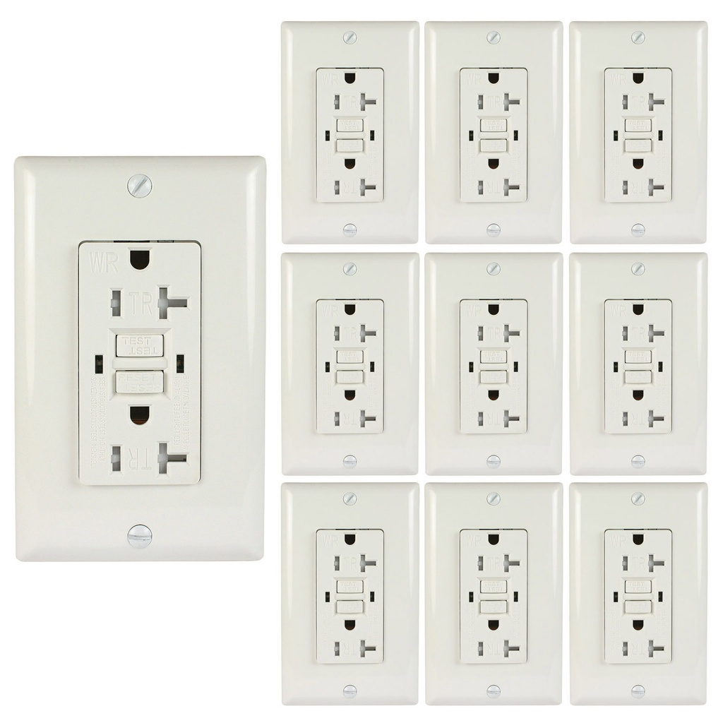 20 Amp 125-Volt Duplex, Tamper Resistant & Weather Resistant GFCI Outlet, Self-Test, White, Wall Plate, UL Listed (10 Pack)