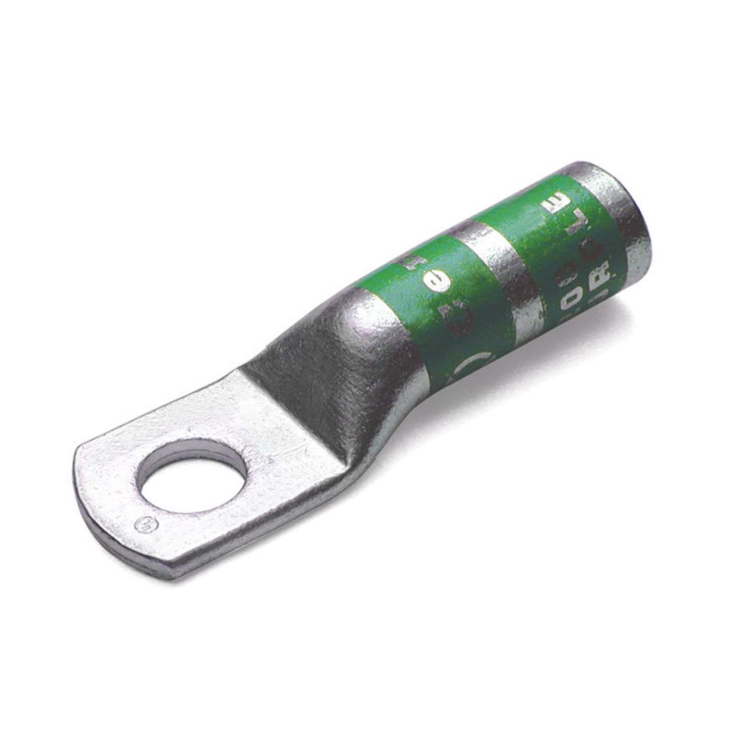 #1 AWG, #10 Stud, Long Barrel Compression Lug, Green