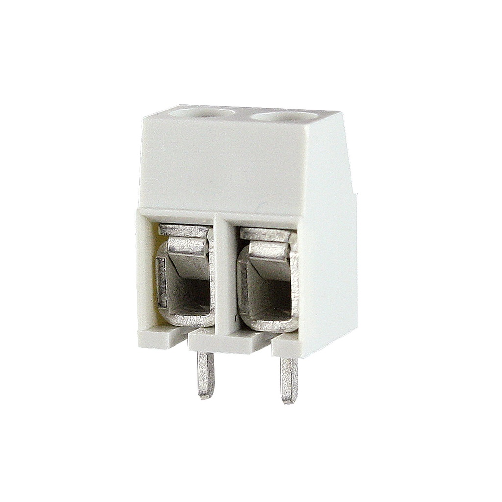 2 Position Low Cost PCB Terminal Block, Gray Housing, 5mm Pin Spacing, UL Rating 30-12 AWG, 18 Amp, 300 Volt