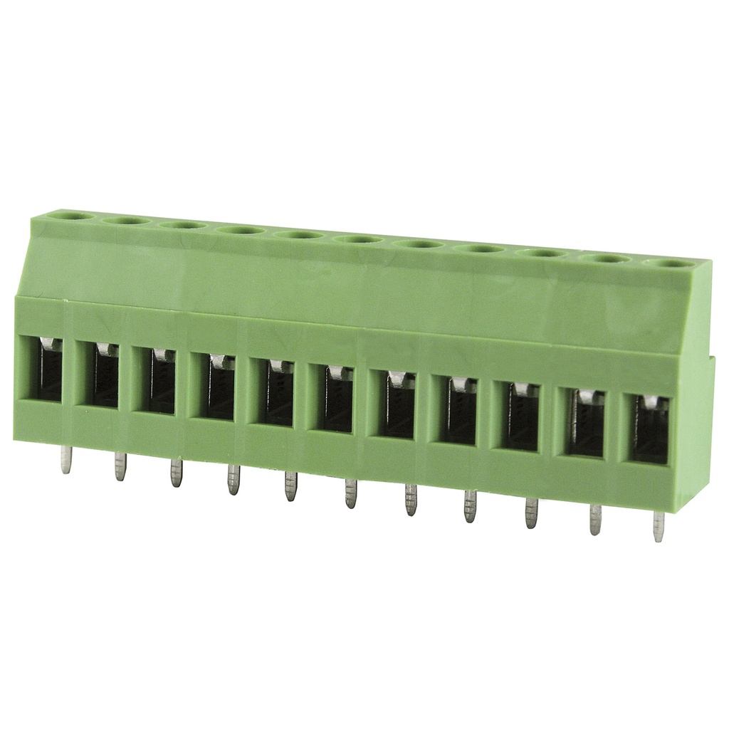 11 Position PCB Screw Terminal Block, Rising Clamp, Green Housing, 5.08mm Pitch, 30-12 AWG