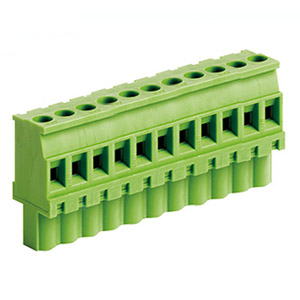 11 Position Pluggable Terminal Block, Terminal Block Connector, 5mm pitch, Green Housing, Wire Entry On Polarization Side Of Plug, 24-12AWG