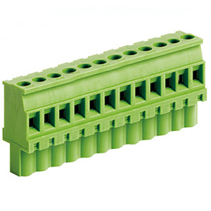 12 Position Pluggable Terminal Block, Terminal Block Connector, 5mm pitch, Green Housing, Wire Entry On Polarization Side Of Plug, 24-12AWG