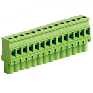 14 Position Pluggable Terminal Block, Terminal Block Connector, 5mm pitch, Green Housing, Wire Entry On Polarization Side Of Plug, 24-12AWG