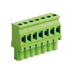 7 Position Pluggable Terminal Block, Terminal Block Connector, 5mm pitch, Green Housing, Wire Entry On Polarization Side Of Plug, 24-12AWG