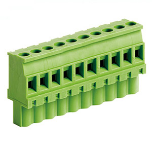 10 Position Pluggable Terminal Block, PCB Screw Terminal Block Connector, 7.62 pitch, Green Housing, Wire Entry On Polarization Side Of Plug, 24-12AWG