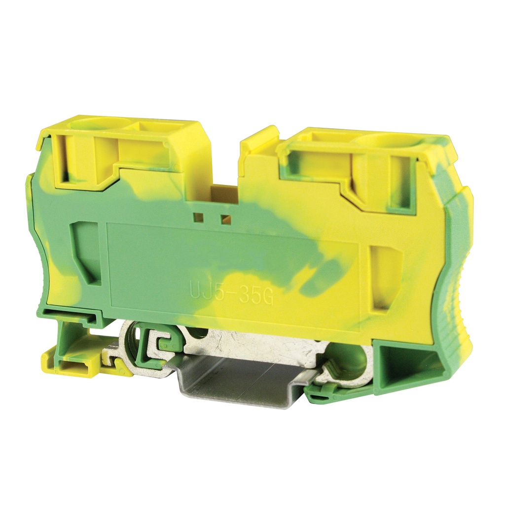 Spring Ground Terminal Block, Screwless Ground Terminal Block, DIN Rail Mount, 14-2 AWG, Green Yellow Housing, ASI421017