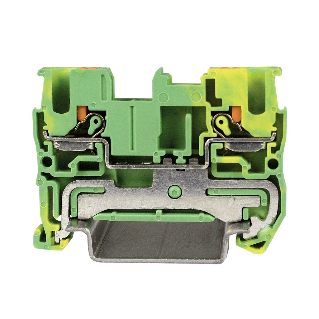 Push In Ground Terminal Block, DIN Rail Mount, 2 Wire, Green Yellow Housing, UL 26-12 AWG, ASI421462