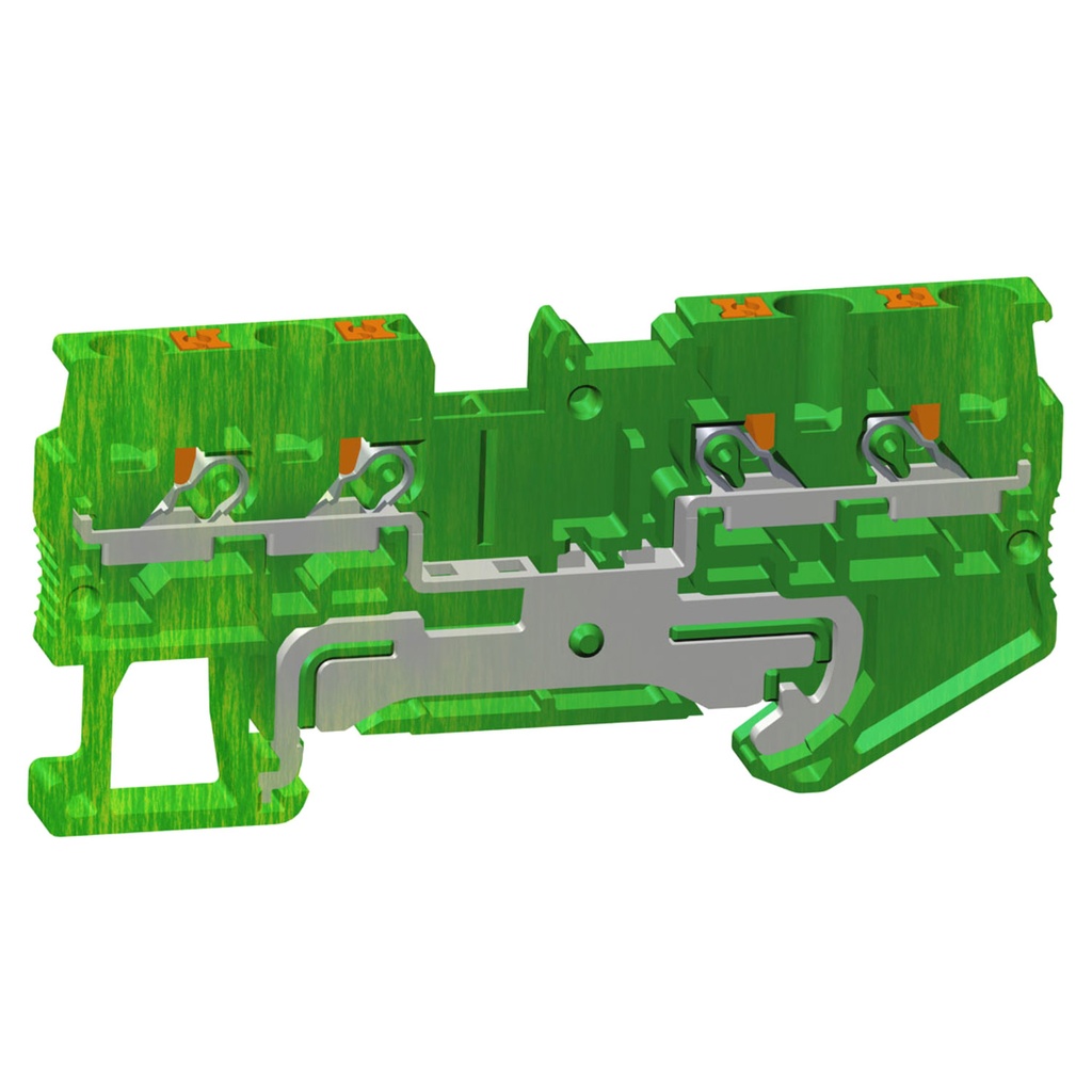 4-wire Push In Ground Terminal Block, DIN Rail Mount, Green Yellow Housing, UL Rated  26-12 AWG, ASI421466