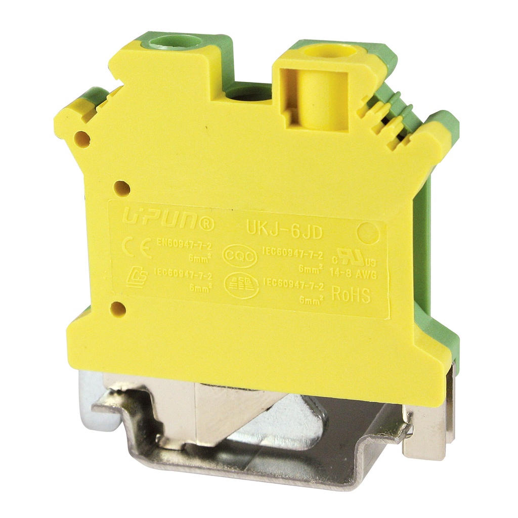 Ground Terminal Block, DIN Rail Mount, 2-Wire, 26-8 AWG, Green Yellow Housing