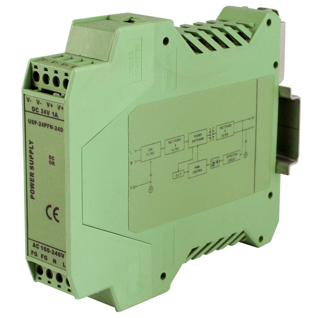 24V DC,  1 Amp DIN Rail Power Supply, Compact DIN rail Housing, 90-264Vac Input