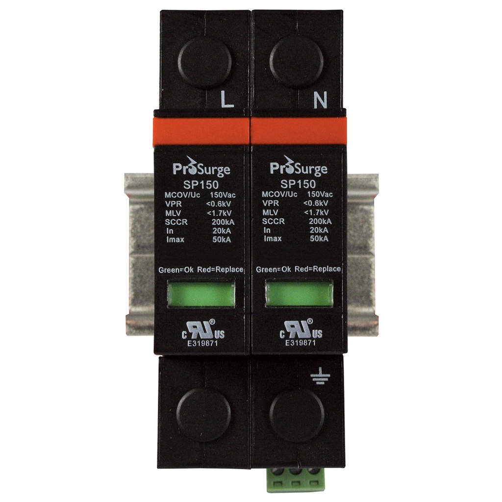 120V AC DIN Rail Mounted Surge Protection Device, 2 Pole SPD, 20kA Nominal Discharge, 50kA Surge, 200KArms SCCR Ratings