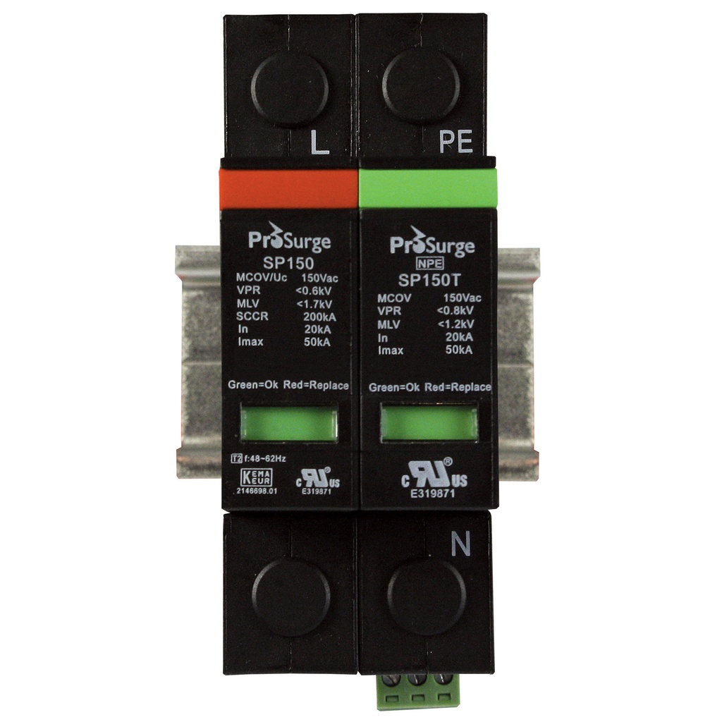 2 pole, including base and pluggable MOV and GDT surge protector modules, visual indication, DIN rail mount, UL1449 4th Edition, 120 V AC