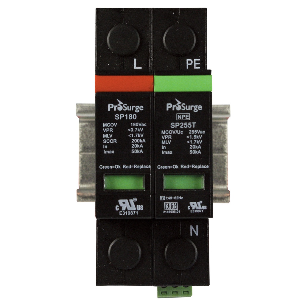 2 pole, including base and pluggable MOV and GDT surge protector modules with visual indication, DIN rail mount, UL1449 4th Edition, 120 V AC