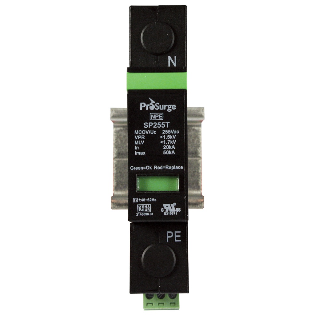 255V DIN Rail Mounted Surge Protection Device For Neutral Connection, 20kA Nominal Discharge, 50kA Surge, 200KArms SCCR Ratings, ASISP255T