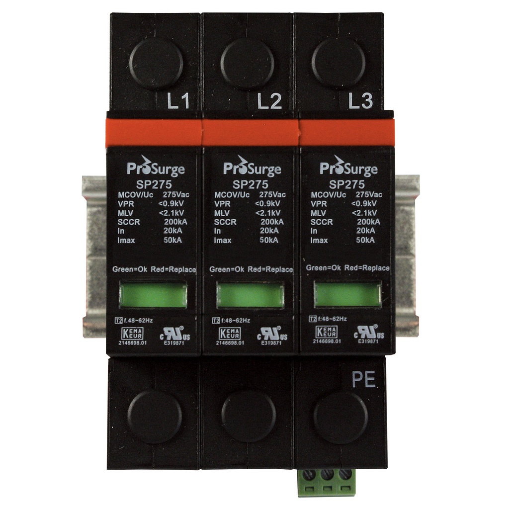 Din Rail Surge Protection, 3 Pole, 3 Phase 415/240 Vac, Pluggable MOV Module