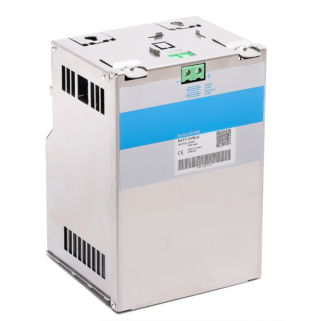 Battery Bank for DC-UPS "All In One" units. Includes Lead AGM Battery. Wall or DIN Rail mount. Output 24Vdc 7 Ah.