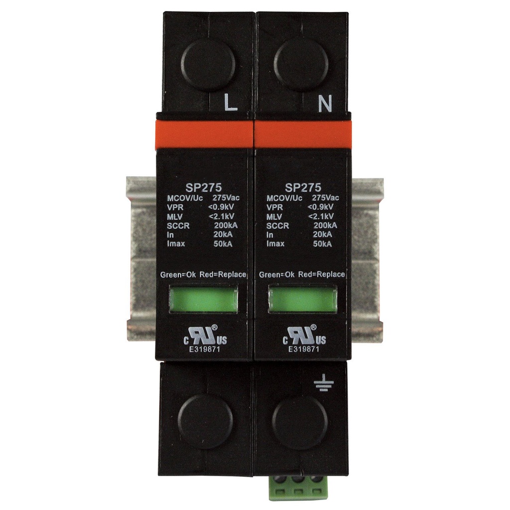 240V Surge Protector, DIN Rail Mount, 2 Wire Plus Ground, 2 Pole, Single Phase Nominal 240V AC