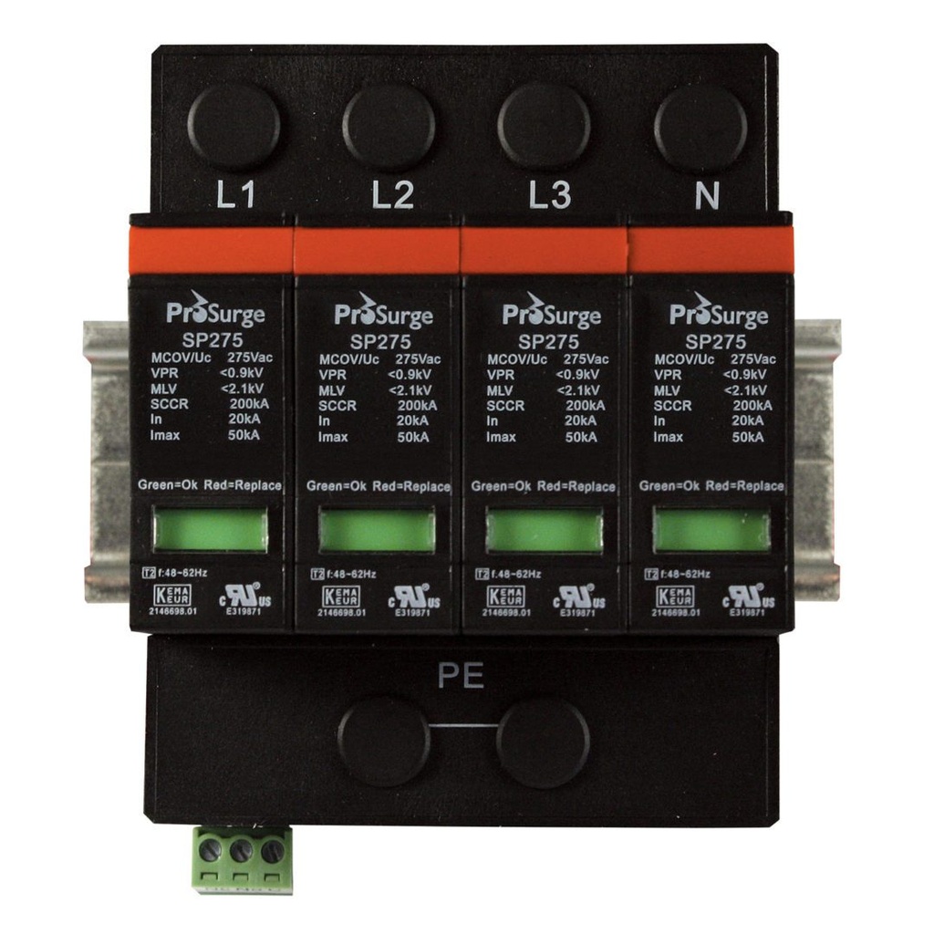 Four pole, including base and pluggable surge protector module with visual indication, DIN rail mount, UL1449 4th Edition, 415/240 V AC, MCOV 275 V AC